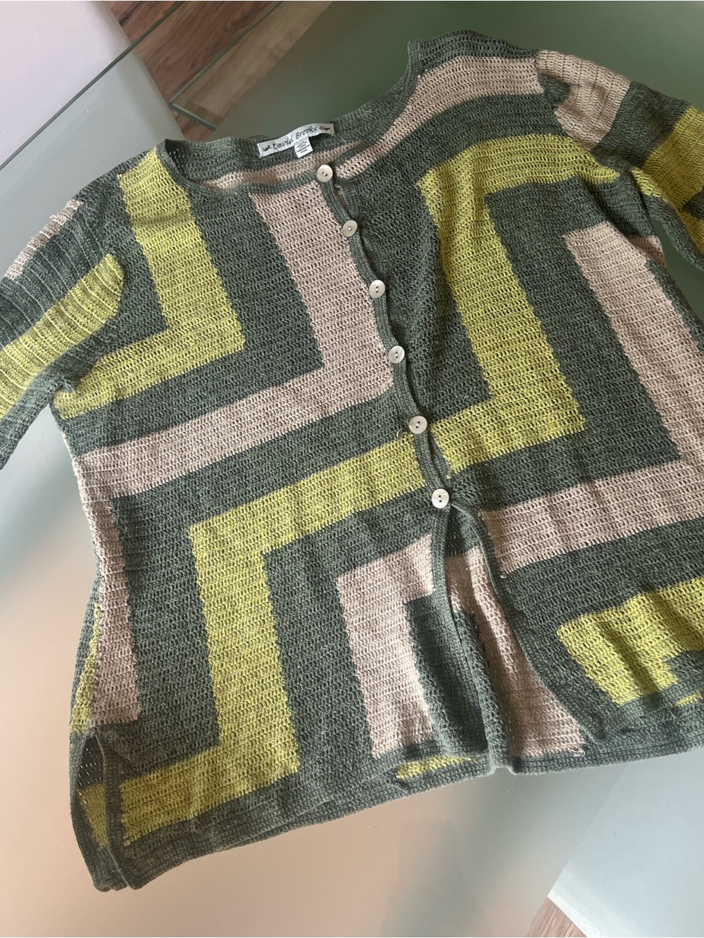 david brooks Knit Button-Front Cardigan in Olive, Beige & Yellow
